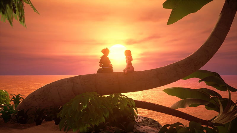 Sora and kairi looking into the sunset on Destiny Islands.