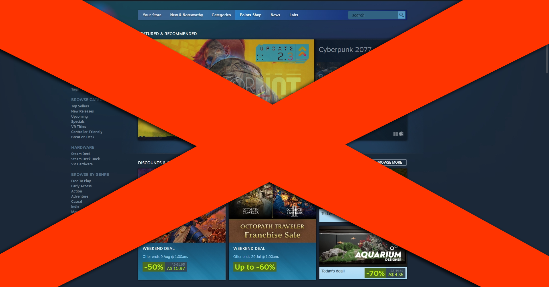 Steam site with a big red X on it