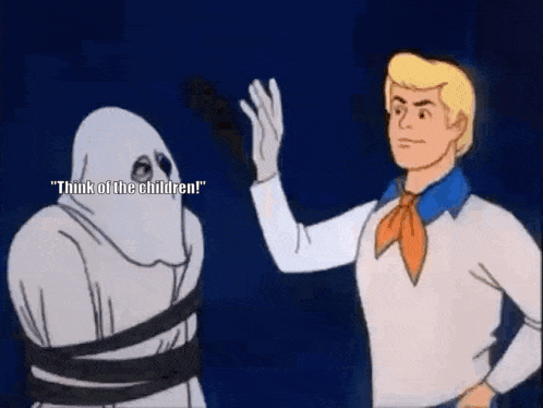 fred unmasking a villian saying think of the children, and it reveals puritans