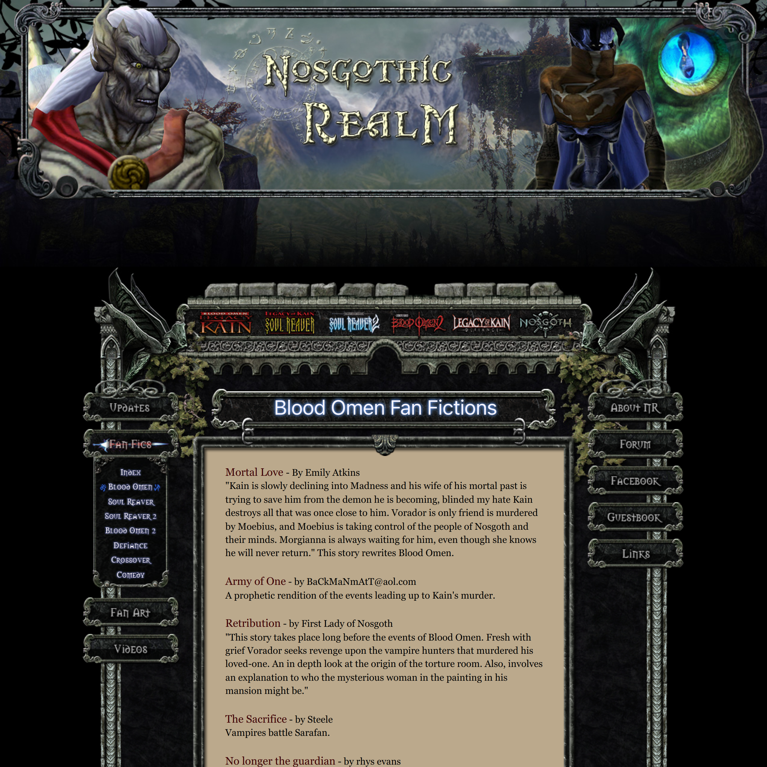 Screenshot of Nosgothic Realm, a fansite dedicated to the Legacy of Kain series.