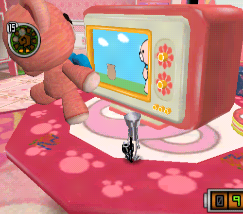 a dancing pink bear watching its own show