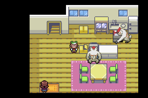 player in house after moving in, as machoke run around setting things up.