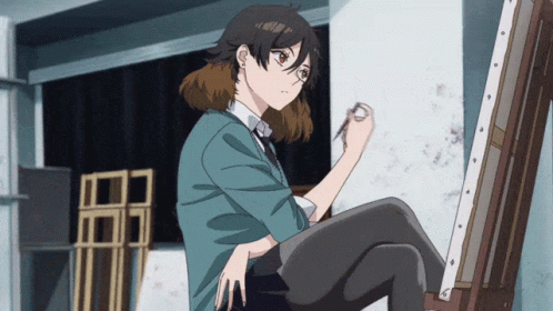 a girl is sitting on a chair and playing with her pencil in front of an easel