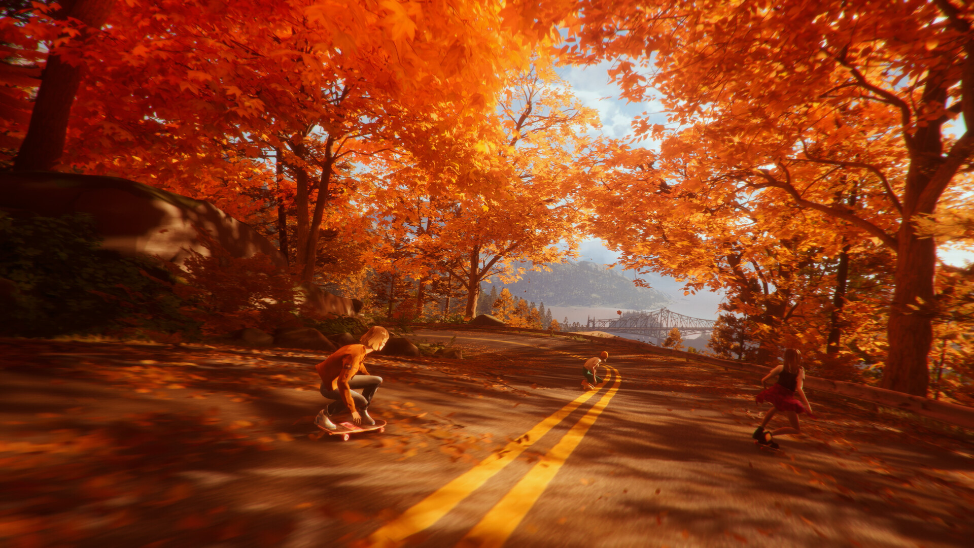 3 characters skate down a slope