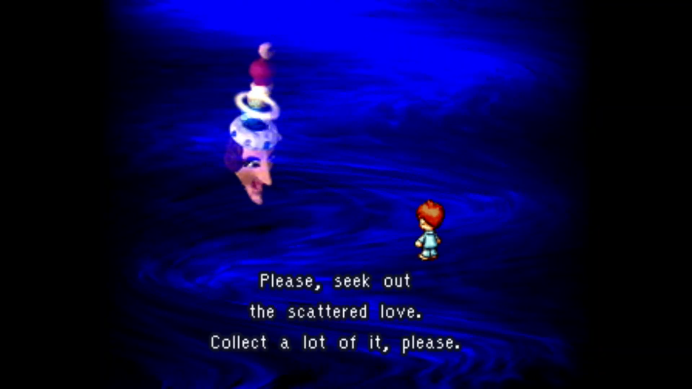 disembodied head telling player to collect scattered love.