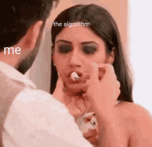 girl being fed food with algorithm on her head and me on his
