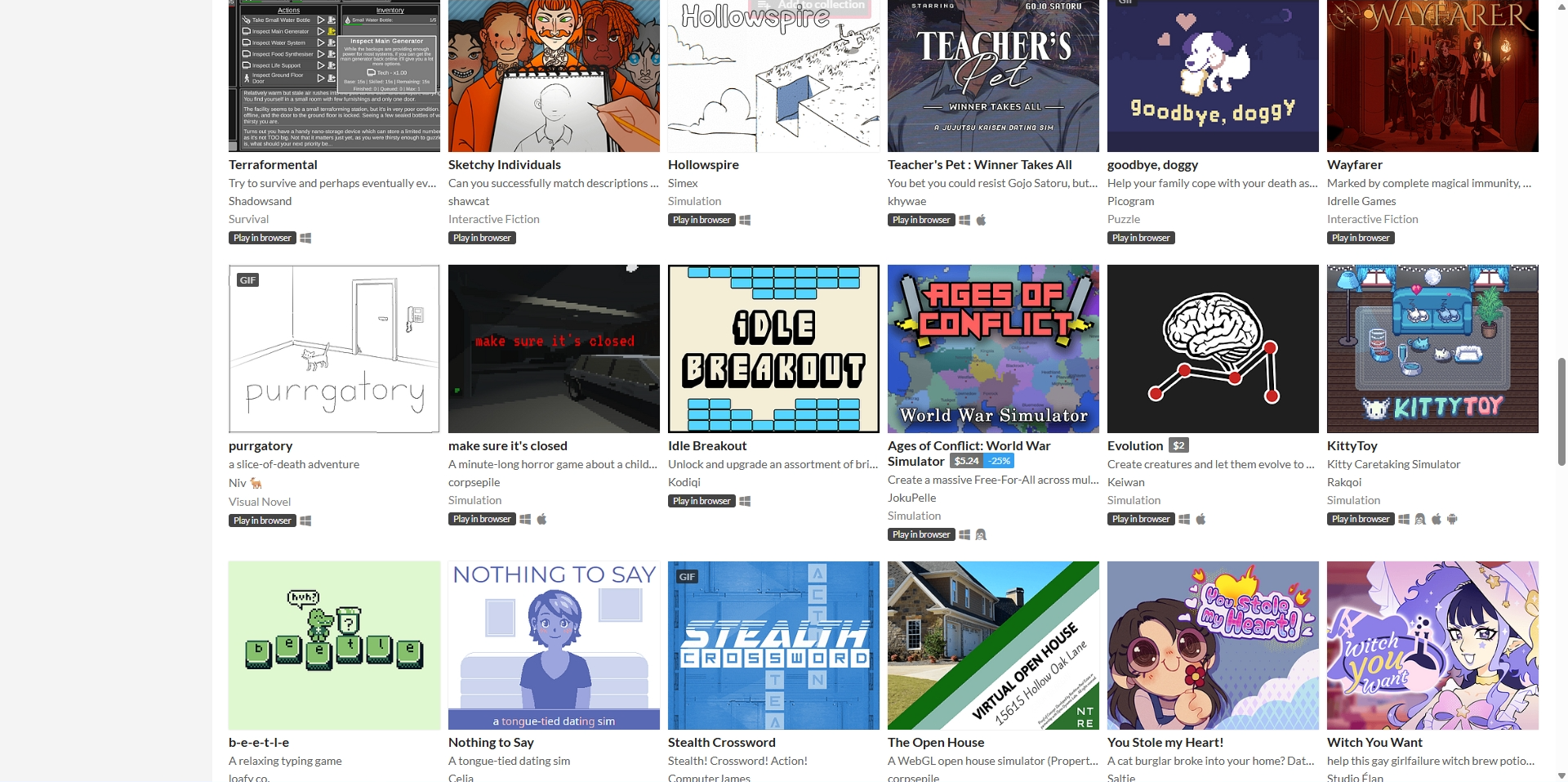 the scrolling page on itch.io