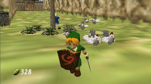 a bunch of cuccos chasing down link