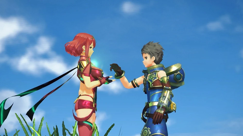 Rex and Pyra, with Rex about to hold her hand.