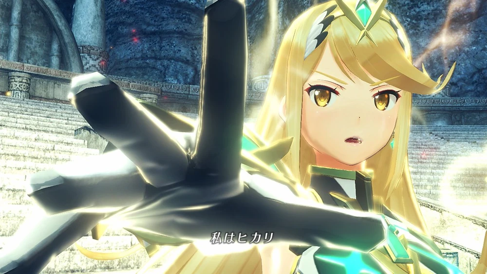 Mythra holding her hand out, ready to attack.