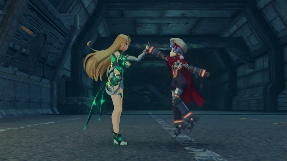Mythra and Poppi, doing a high-five.