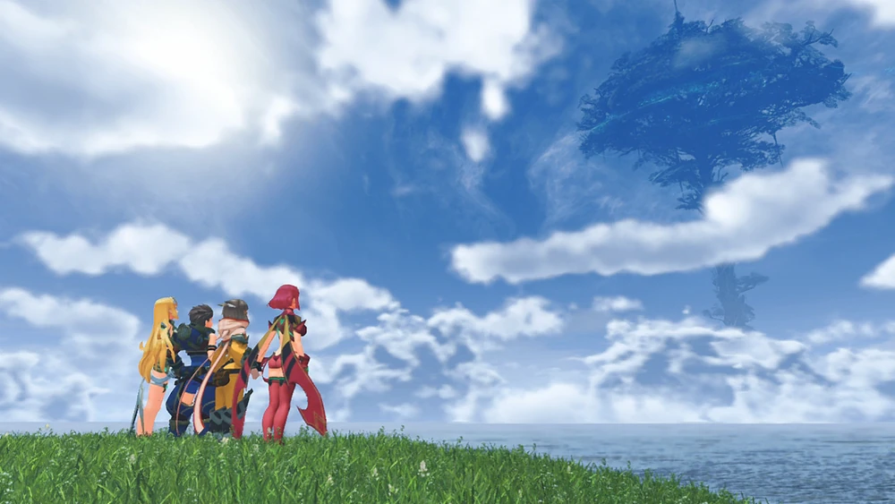 Rex, Pyra, Mythra and Nia, looking to the skies.