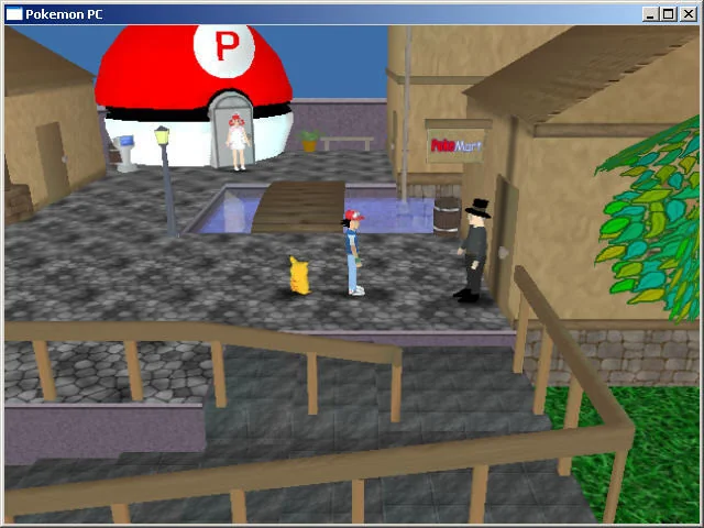 Ash walking up to a trainer in a town