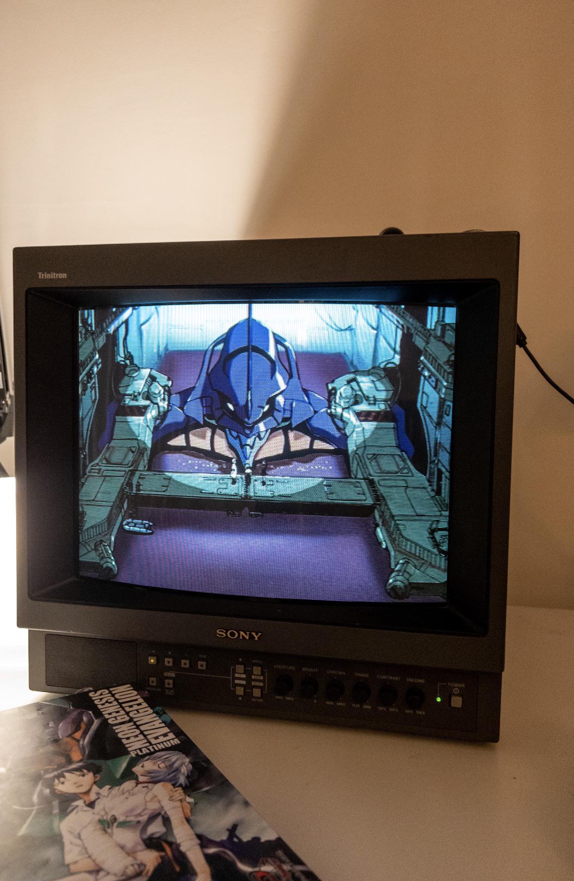 A crt setup showing an EVA stream playing